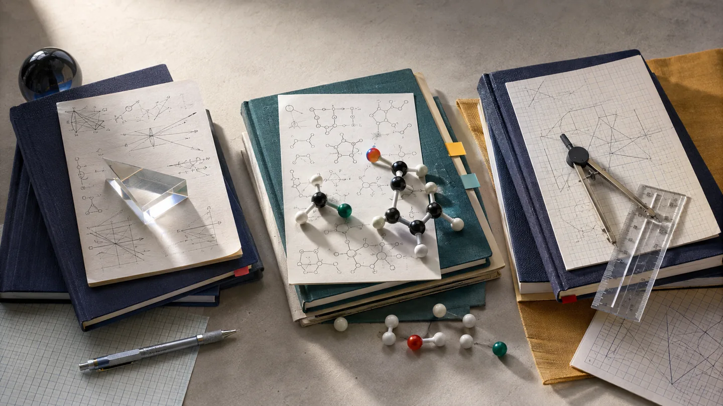 Unbranded Physics, Chemistry and Mathematics study materials arranged as an editorial still life