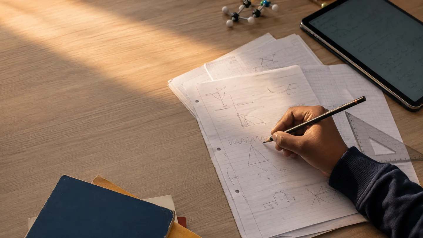 A precision academic workspace combining paper, science and mathematics study materials